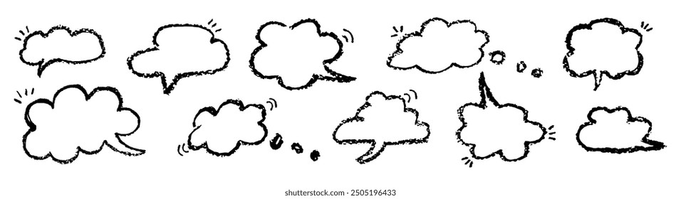 Set of speech bubbles in the form of clouds sky. Comic frame templates for dialogues. Collection of children speech balloons handwriting with wax pen. Vector illustration. Black frames in doodle style