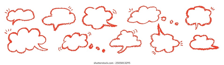 Conjunto de burbujas de discurso en forma de nubes en el cielo. Plantillas de marco de cómic para diálogos. Colección de globos del habla de los niños escritura a mano con pluma de cera. Marcos rojos en estilo doodle. Ilustración vectorial