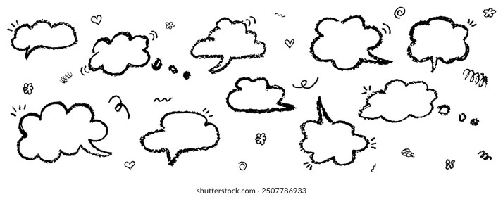 Set of speech bubbles in the form of clouds sky. Comic frame templates for dialogues. Collection of children speech balloons handwriting with wax pen. Vector illustration. Black frames in doodle style