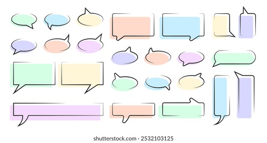 Set of speech bubbles. graphic design elements for text and messages, black outline text boxes and colorful backgrounds. Vector illustration.