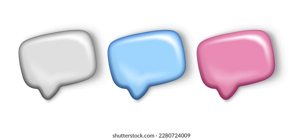 Set of speech bubbles in gray, blue and white in 3d style. Message, dialog box, chat for conversation in the form of cloud, communication and text bubble. Vector illustration