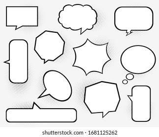 Set of speech bubbles. Halftone shadows. Comic.