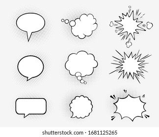 Set of speech bubbles. Halftone shadows. Comic.