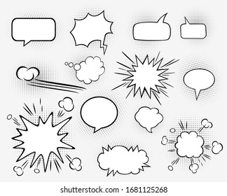 Set of speech bubbles. Halftone shadows. Comic.