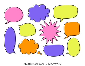 Set of speech bubbles. Hand drawn vector illustration. Collection of colorful text frames. Isolated objects on white background. 