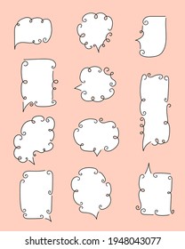 Set of speech bubbles. Hand-drawn curly elements. Social chat symbols. Collection of text boxes of different shapes. Dialogue banners for networks story and posts.Isolated. Vector illustration