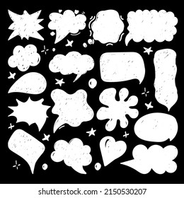 A set of speech bubbles with hand-drawn dialogue words in doodle style. Different forms of speech for comic book characters. White silhouettes on black background. Speech patterns. Vector illustration