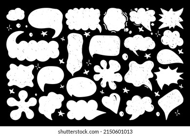 A set of speech bubbles with hand-drawn dialogue words in doodle style. Different forms of speech for comic book characters. White silhouettes on black background. Speech patterns. Vector illustration