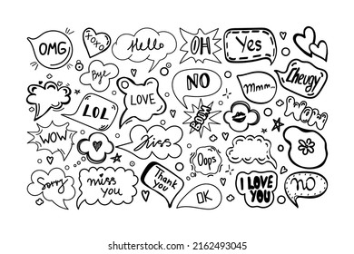 A set of speech bubbles with hand-drawn dialogue words in doodle style. Hello, love, sorry, love, I love you, kiss, no, bye, OMG, kiss trail, boom, lol. Speech patterns. Vector illustration. 