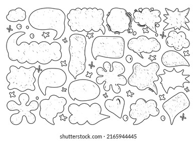 A set of speech bubbles with hand-drawn dialogue words in doodle style. Different forms of speech for comic book characters. Outlines on a white background. Speech patterns. 