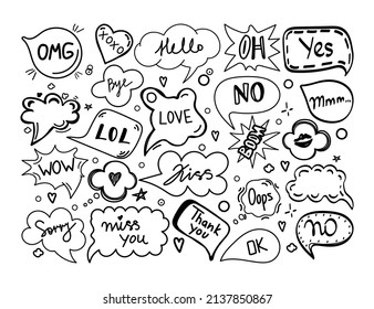 A set of speech bubbles with hand-drawn doodle-style dialogue words. Hello, Love, Sorry, Love, Kiss, No, Bye, OMG, kiss trail, boom, lol. Speech templates. Vector illustration. 