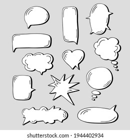 Set of speech bubbles. Hand-drawn elements. Social chat symbols. Collection of text boxes of different shapes. Dialogue banners for networks story and posts.Isolated. Vector illustration
