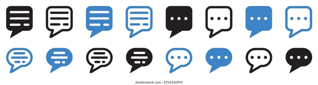 Juego de iconos de burbujas de voz. Símbolos de chat grupal, comunicación, diálogo, burbuja de charla, globo de voz. Mensaje en medios sociales, mensaje de chat, comentarios. Vector.