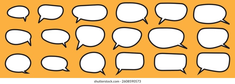 Set of speech bubbles icons white shapes with black frames vector illustration isolated on orange background. Speech bubble, speech balloon, chat bubble line art icon for apps and websites.