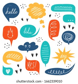 A set of speech bubbles with inscriptions and doodles. Speech bubbles with inscriptions-Hello, Yes, like. Card with group of colorful balloons with talk expressions, marks and symbols. Vector