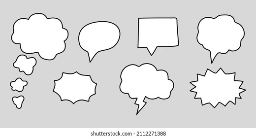Set of speech bubbles isolated on a gray background, text frame, cloud message in a flat doodle style. Vector graphics