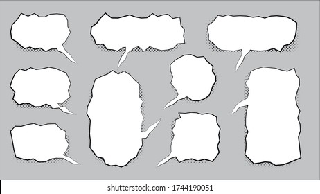 Set of speech bubbles with jagged edges. Vector illustration. Halftone shadow.