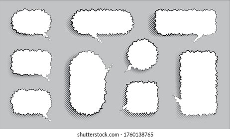 Set of speech bubbles with jagged edges. Vector illustration. Halftone shadow.