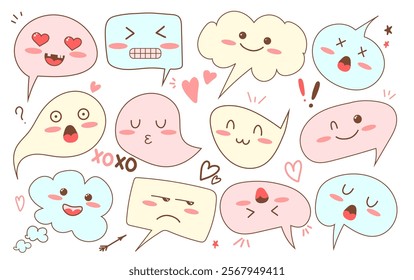 Set of speech bubbles with kawaii emotion faces, hand drawn vector illustrations
