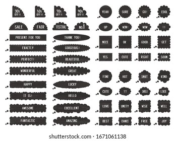 Set of speech bubbles like black clouds in watercolor style.
Can be used for various advertising and card designs.
Version with sample text.