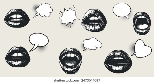 Set of speech bubbles, lips and mouth  in the style of retro photocopies stipple effect, for grunge punk y2k collage design. Vector elements  in vintage halftone brutalist design for banner or poster