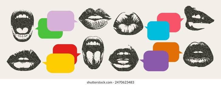 Conjunto de burbujas de habla, labios al estilo de las fotocopias retro. Efecto de granulado y líneas de puntos. Textura en forma de puntos de Vector. Plantillas de estilo grunge Y2K con espacio para texto.