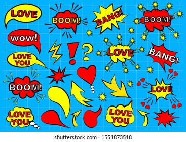 Set of speech bubbles. Love feelings wow comic text speech bubble. Set of blank template in Pop Art style. Vector illustration