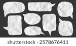 Set of speech bubbles made of crumpled paper, isolated template for banner. Dialogue balloons with dotted gritty texture, halftone effect, notebook sheet with jagged torn edges.