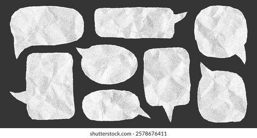 Set of speech bubbles made of crumpled paper, isolated template for banner. Dialogue balloons with dotted gritty texture, halftone effect, notebook sheet with jagged torn edges.