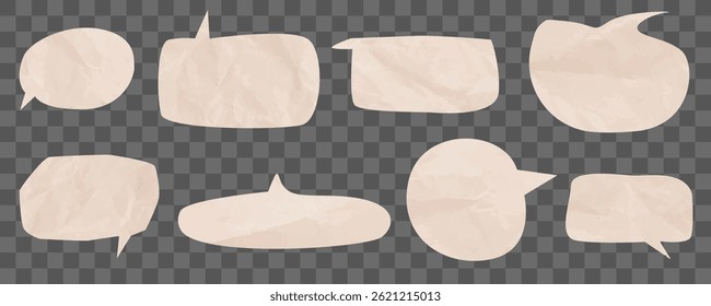 Conjunto de bolhas de fala feitas de papel rosa macio amassado. modelo isolado em fundo transparente. Bolhas de diálogo texturizadas. papel amassado antigo