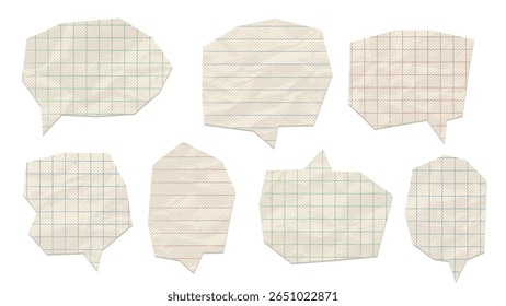 Conjunto de bolhas de fala feitas de papel amassado com padrão de bloco de anotações de linhas matemáticas. Formas de diálogo com efeito de meio-tom, textura pontilhada e recortar bordas de folhas de bloco de anotações. Vetor.