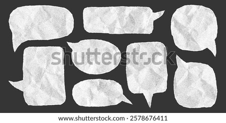 Set of speech bubbles made of crumpled paper, isolated template for banner. Dialogue balloons with dotted gritty texture, halftone effect, notebook sheet with jagged torn edges.