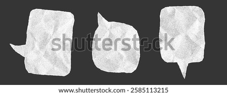 Set of speech bubbles made from crumpled paper, perfect for banners. Dialogue shapes with halftone effect, dotted gritty texture and rugged torn notebook sheet edges.