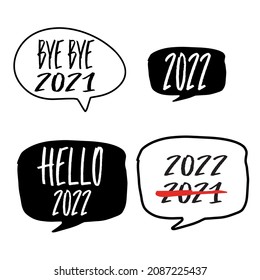 Juego de burbujas de voz. Concepto de Año Nuevo 2022. Ilustración vectorial dibujada a mano sobre fondo blanco.