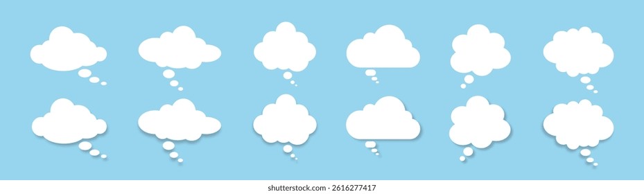 A set of speech bubbles on a blue background. A chat window for commenting on messages. White clouds. Vector illustration.