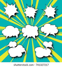 Set of Speech Bubbles on Bright Retro Pop Art Background , Green Background with Yellow Sun's Rays , Vector Illustration