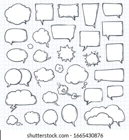 set of speech bubbles on notepad sheet paper with shadow. doodle or cartoon, sketch drawing call-outs set, communication design elements