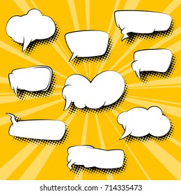 Set of Speech Bubbles on Pop Art Background with Sunbeams , Halftone Dotted Shadows on Yellow Background and the Sun's Rays , Vector Illustration