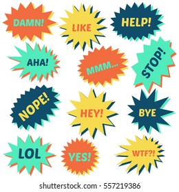 Set of speech bubbles on a white background with different inscriptions in the middle. Speech bubbles with short phrases. Vector illustration.
