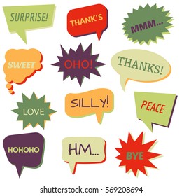 Set of speech bubbles on a white background with different inscriptions in the middle. Speech bubbles with short phrases. Vector illustration.
