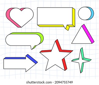 Set Speech bubbles and other geometric shapes. Trendy retro cartoon style 3d and 2d line