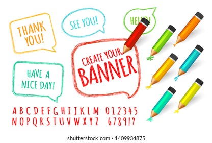 Set of speech bubbles paint with pencils. Banners, collection of colorful crayons and doodles font for create vector template. Hand drawn sketch, lines stroke and scribble