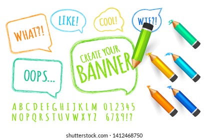 Set of speech bubbles paint with pencils. Banners on white background, collection of colorful crayons and doodles font for create vector template. Hand drawn sketch, lines stroke and scribble