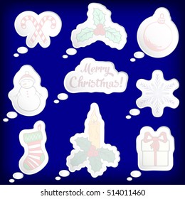 Set of speech bubbles with pale transparent symbols of christmas . Snowman, berry, candle, snowflake, bauble, gift box, sock, candy cone. Dark blue background. Vector illustration.