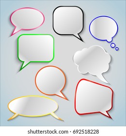 Set of speech bubbles in papet sticky style. Dream cloud. talk balloon. Vector illustration for text tags.