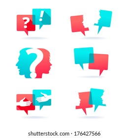 Set of speech bubbles with people faces, handshake and question mark 