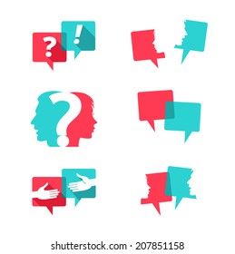 Set of speech bubbles with people faces, handshake and question mark 