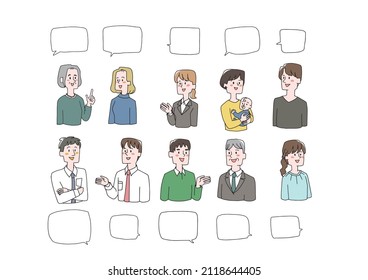 A set of speech bubbles with people talking Comical handwritten person illustrations Color