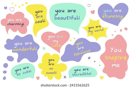 set of speech bubbles with phrases, quotes, compliments self love, compliments day