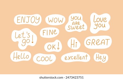 Set of speech bubbles with phrases, quotes, compliments, peach fuzz background. Cartoon icons, stickers, vector